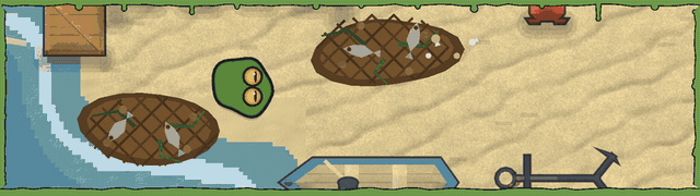 A small blob in a harlequin-patterned coat walks east along an island beach, past crates, potted shrubs, a bench and a litter bin, with the sea washing up the sand beside it.