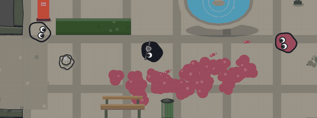 In a multiplayer match a hider lobs a rock at the eyepatched seeker and stuns it while another hider sprays paint cover onto the floor.