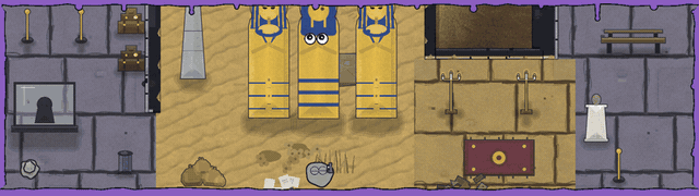 A museum's Egyptian wing: two golden sarcophagi and a stone obelisk standing on sand, with a third mummy case in line between them. A bare, unpainted hunter with a paint gun stands underneath that middle one looking up at it, then walks away down the aisle - and the moment its back is turned, the middle case takes a step out of line and stops dead again.