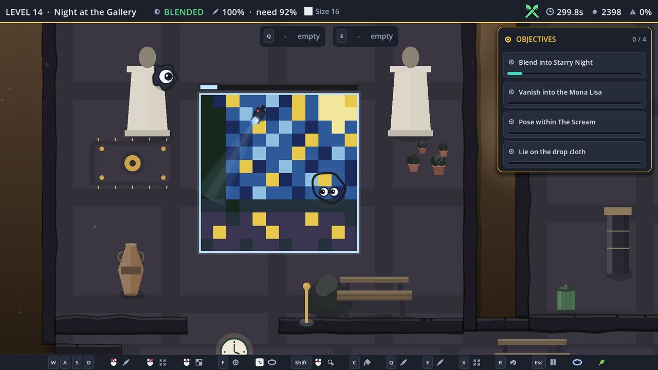 A dark gallery at night, canvases glowing on the floor, the blob painted to match one of them.