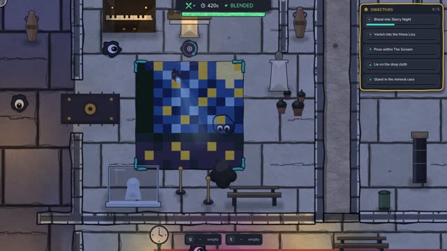 A dark gallery at night, the blob painted to match a floor canvas as a camera rakes past.