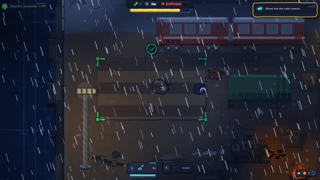 A goods yard at night in heavy rain, the tracker hound closing on the blob beside a signal post.