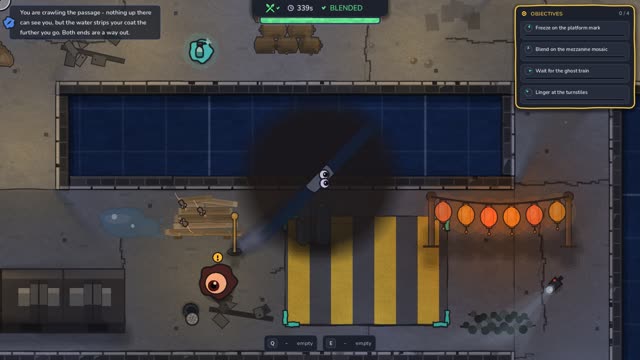 The blob crawling through a drain under a metro station while a guard stares at the floor above.