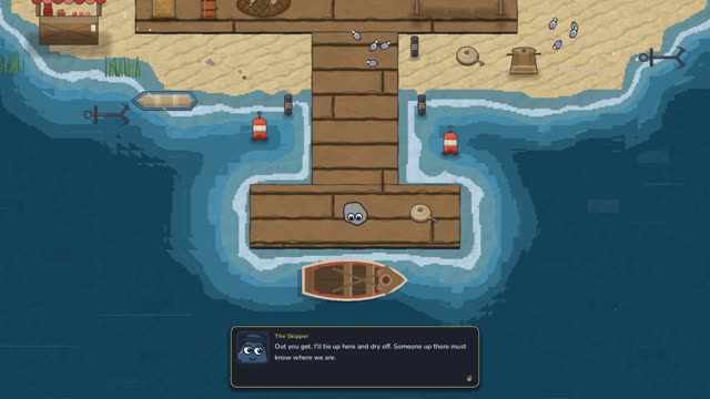 Arriving at the island by boat, the skipper mid-sentence in a dialogue panel.