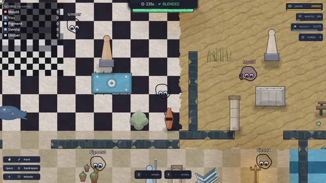 Online Hide and Seek from the seeker's side: fog, a crosshair, hiders painted into the scenery.