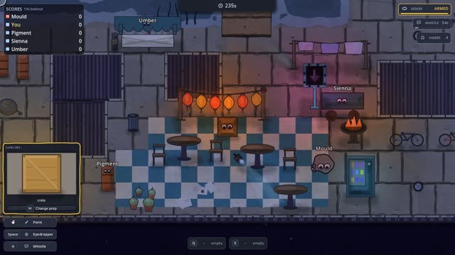 Prop Hunt: a row of museum exhibits, one of which is a player.