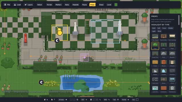 The in-game level editor with its palettes open over a half-built map.
