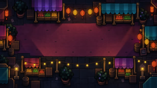 A night bazaar's lantern-lit stalls seen from above, with no characters or text.