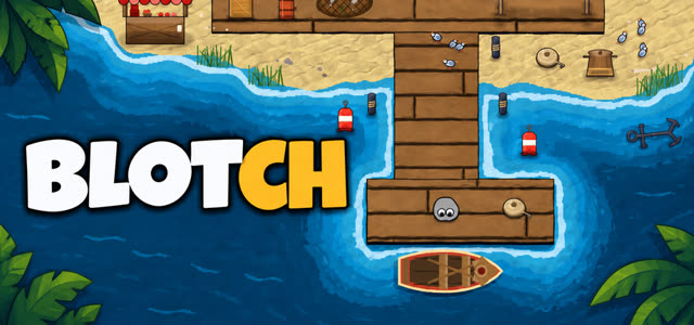 The Steam header: the wordmark over the sea beside the island's jetty, the blob on the pier.
