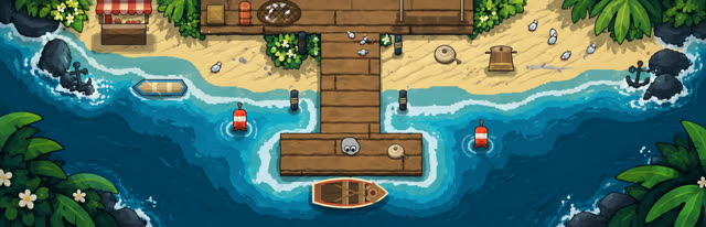 A wide view of the island's jetty: a wooden pier into blue water, the blob standing at its end, a rowing boat below.