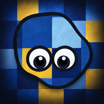 The icon: the blob painted in a blue-and-gold check, standing on the same pattern.
